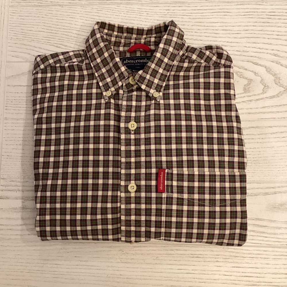 Abercrombie & Fitch XL Men's Plaid Button Down Shirt Cream Green Red Logo